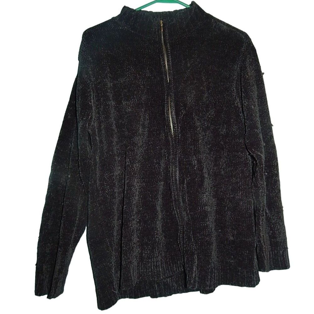 Cherokee Women’s Large Vintage Black Velvet Knit Full Zip Sweater Jacket Flawed